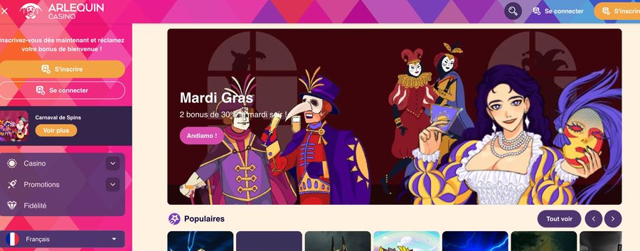 Interface du casino Arlequin en français