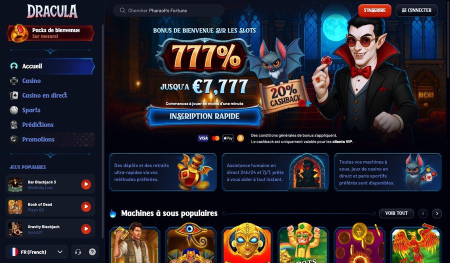 Interface du casino Dracula en français