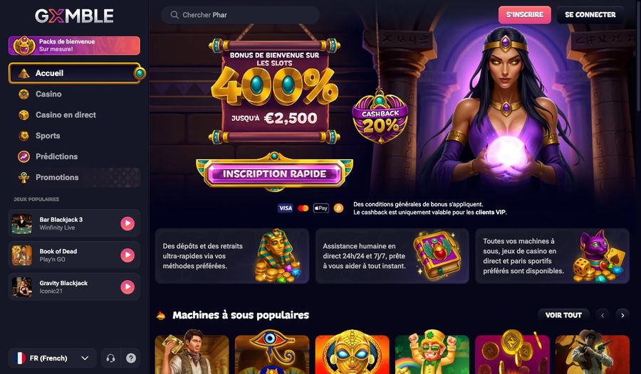 Interface du casino Gxmble en français