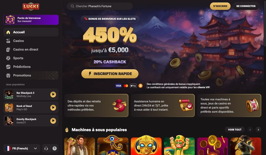 Interface du casino Lucki en français